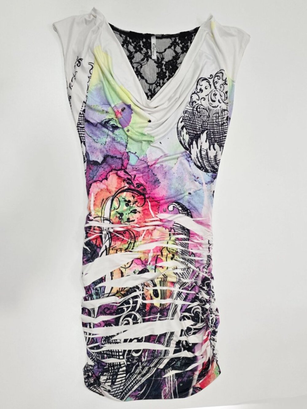 Cesarina ✦ Abstract Multicolor Cowl Neck Dress ✦ Lace Back Ruched Sides S - Picture 10 of 13